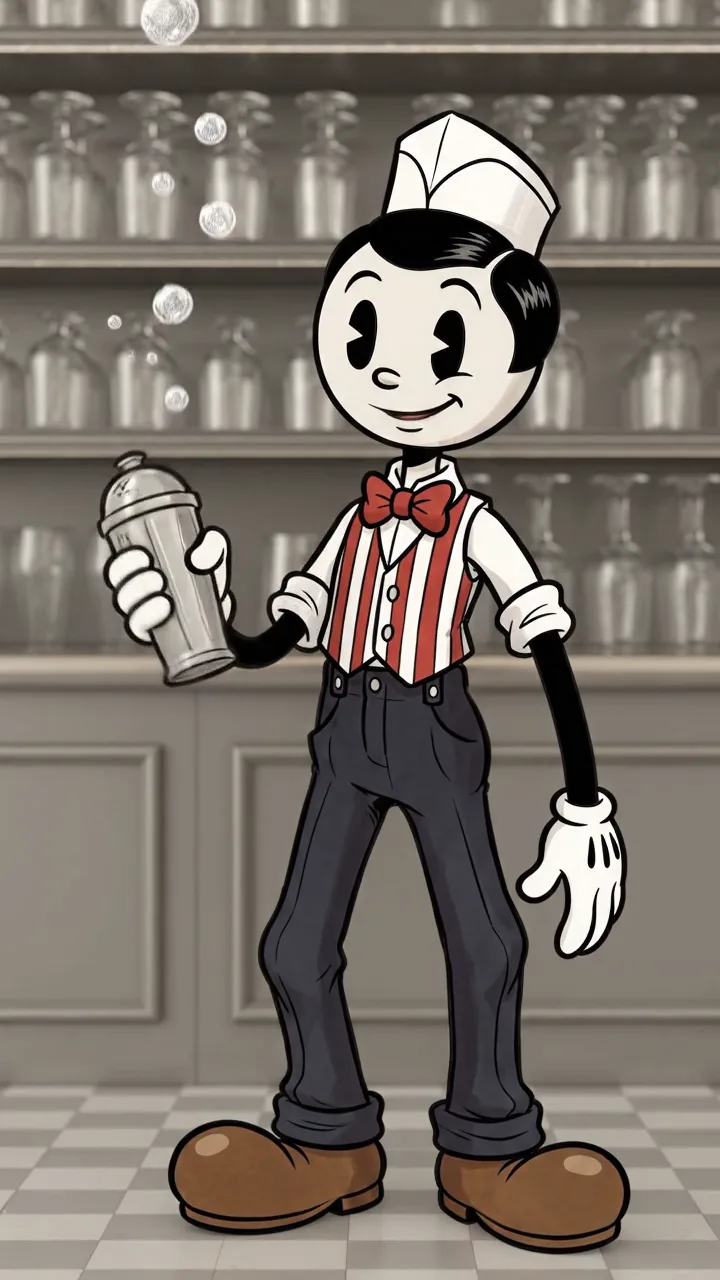 Soda jerk Percy Pike shaking a malted milk cup as small fizz bubbles rise in front of glinting glass shelves