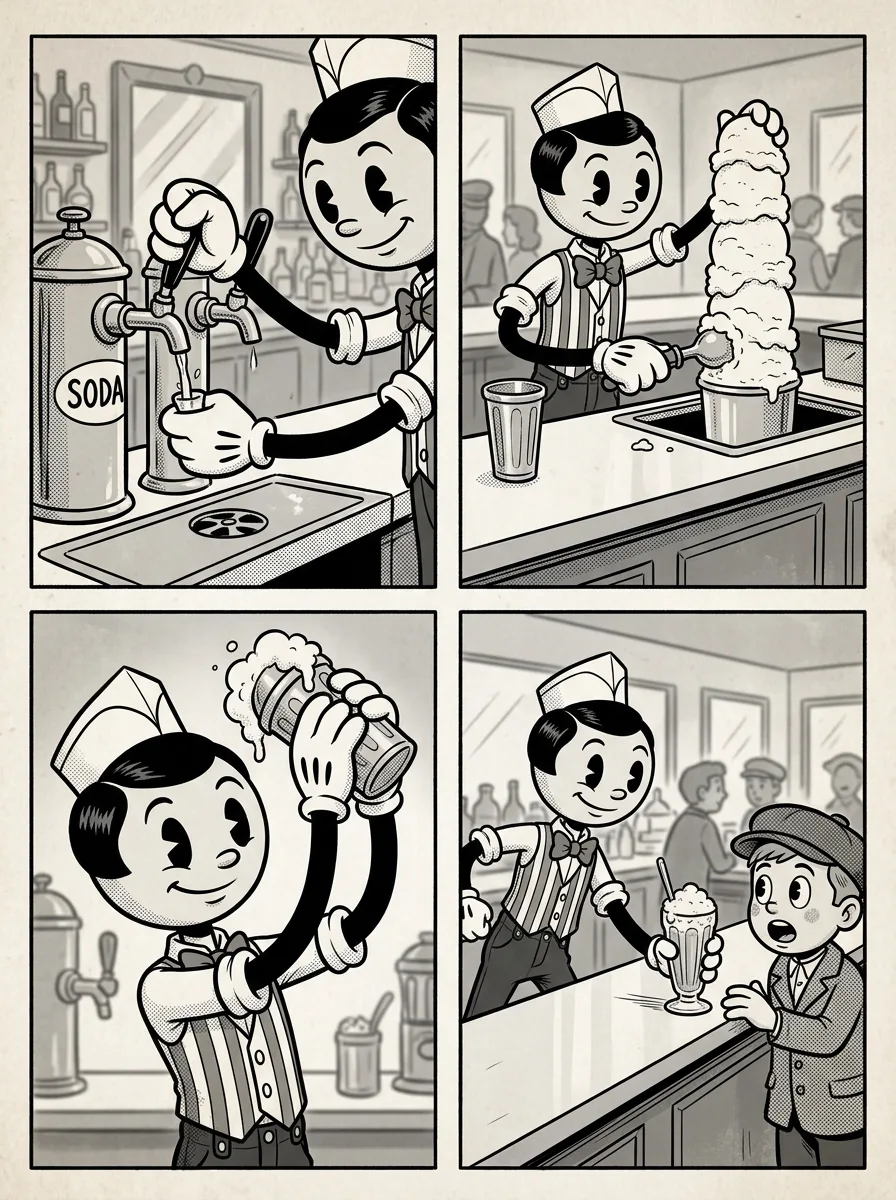 Four-panel storyboard of soda jerk Percy Pike flipping open the fountain tap, scooping ice cream into a tall malt cup, shaking the malt as seltzer fizzes over, and sliding the finished drink across the counter to a wide-eyed kid