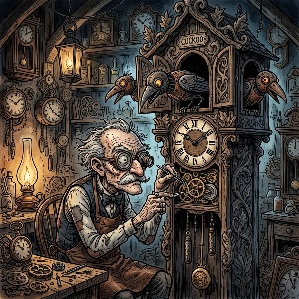 Gothic cartoon watchmaker with oversized round glasses repairing a tall cuckoo clock as three mechanical crows peer from its carved doors