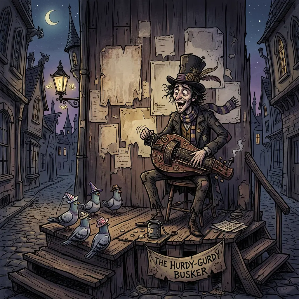 Gothic cartoon busker cranking a hurdy-gurdy on crooked steps while five pigeons in tiny paper hats listen in a half circle