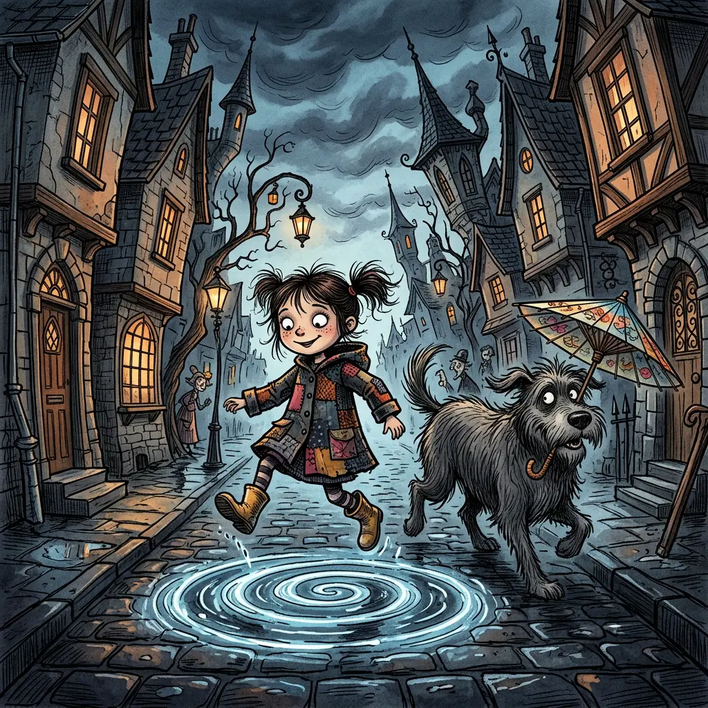Gothic cartoon girl in a patchwork raincoat skipping over a spiral puddle on a lane of crooked houses, a shaggy dog following with a paper umbrella