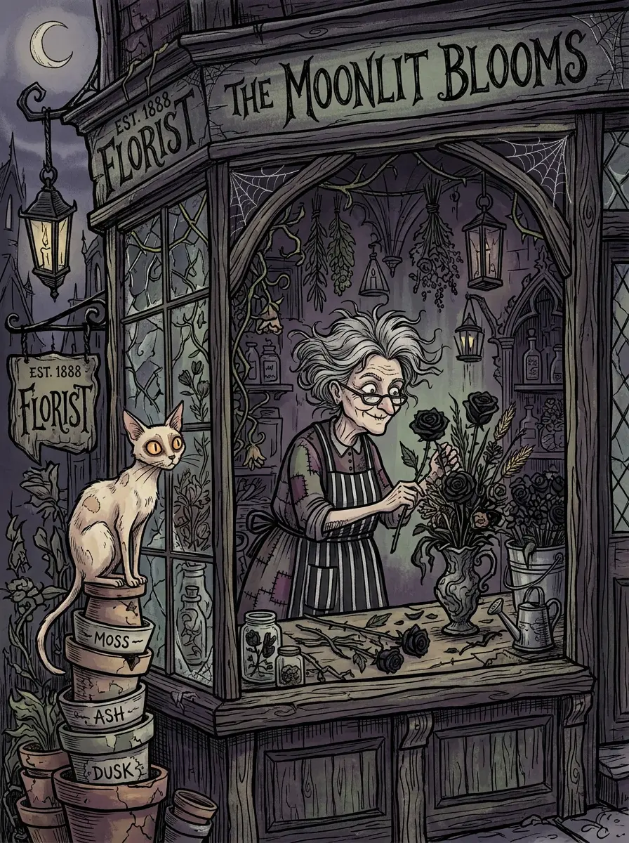 Gothic cartoon florist in a striped apron arranging black roses in a crooked shop window while a pale cat watches from a stack of flower pots