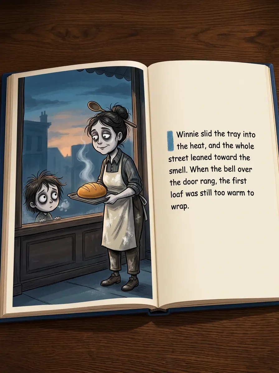 Open hardcover storybook spread showing baker Winnie Marsh placing her first warm loaf in the shop window at dawn on the illustration page, with her story printed beside a blue accent bar on the facing page