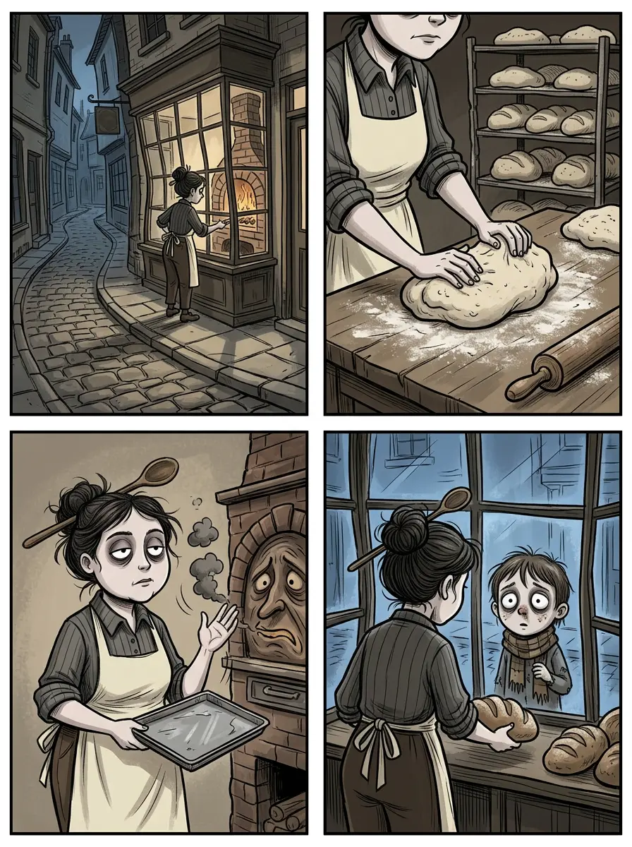 Four-panel storyboard of baker Winnie Marsh lighting the oven before dawn, kneading dough as crooked loaves rise on the rack, fanning a puff of smoke from the oven, and setting the first loaf in the shop window as the first customer arrives
