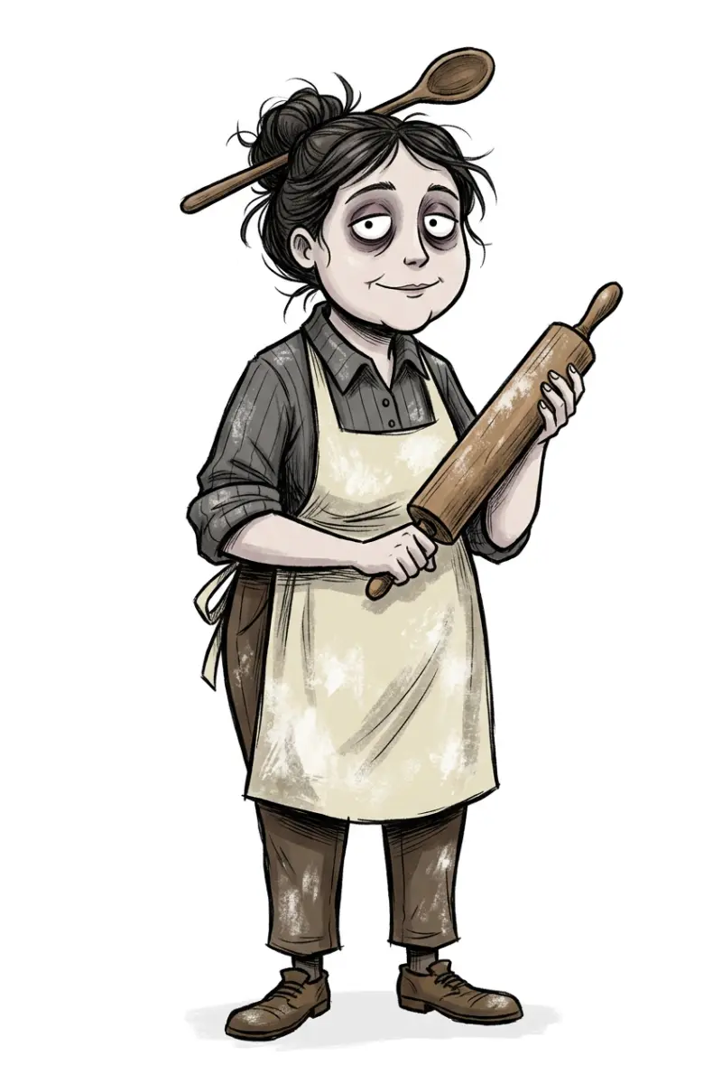 Full-body gothic cartoon of baker Winnie Marsh with a loose bun, wooden spoon, flour-dusted cream apron over a charcoal striped shirt, holding a wooden rolling pin