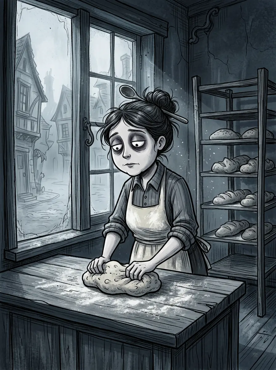 Gothic cartoon baker Winnie Marsh kneading dough at her counter in first morning light, trays of crooked loaves rising behind her