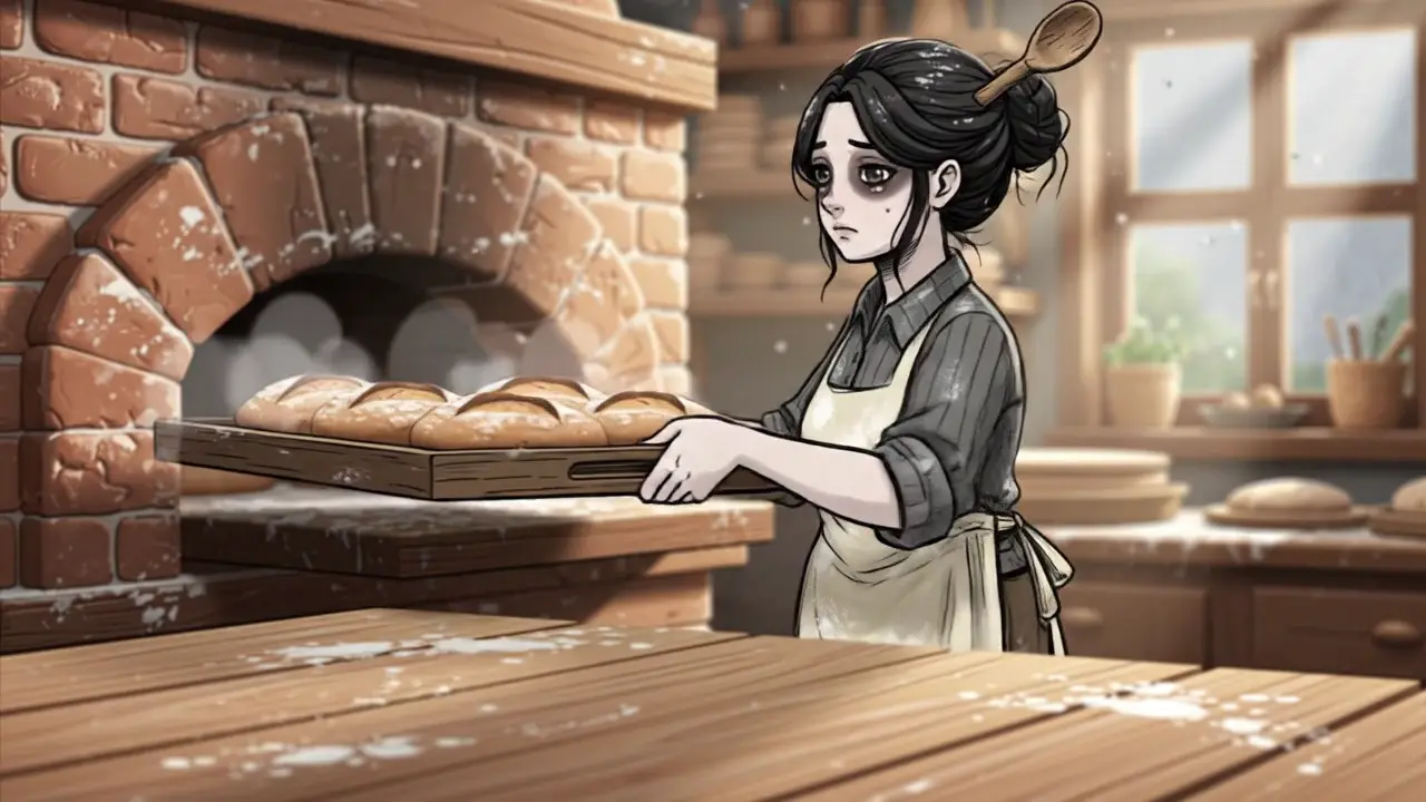 Baker Winnie Marsh pulling a tray of steaming crooked loaves from the oven in her corner bakery